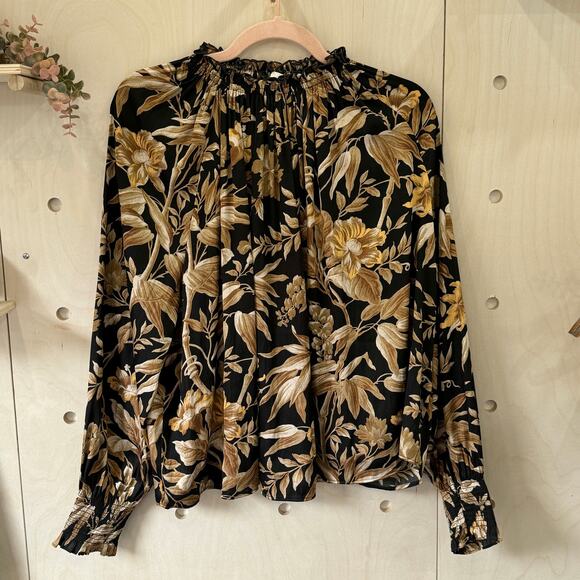 H&M Ruffle-collar Wide-cut Blouse Size 4 Darkest Green Floral - Picture 1 of 10